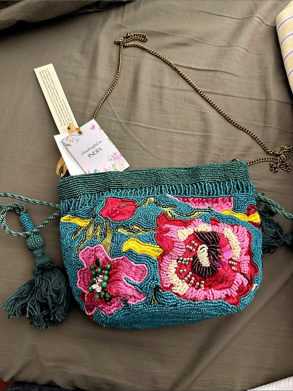 Beaded Embroidered Crossbody Bag Green & Pink NWT